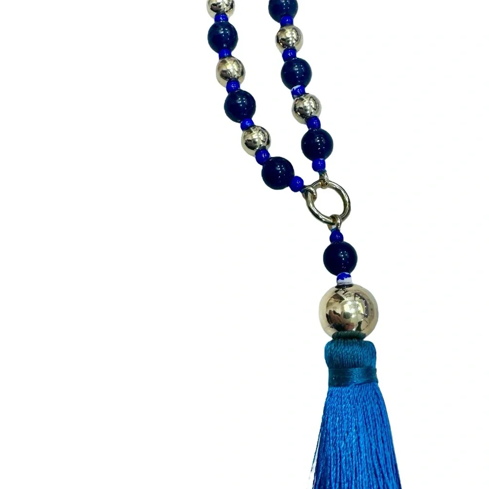 J. CREW BLUE AND GOLD BEADED NECKLACE WITH BLUE TASSEL - NWOT